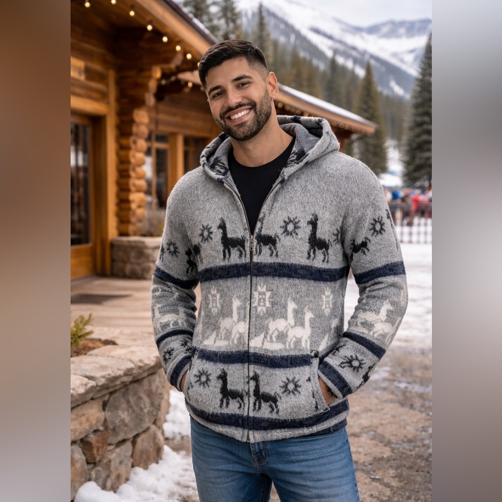 Ecuadorian Llama Patterned Zip-Up Sweater
